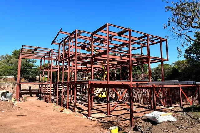 Multi-storey steel frame being erected on site