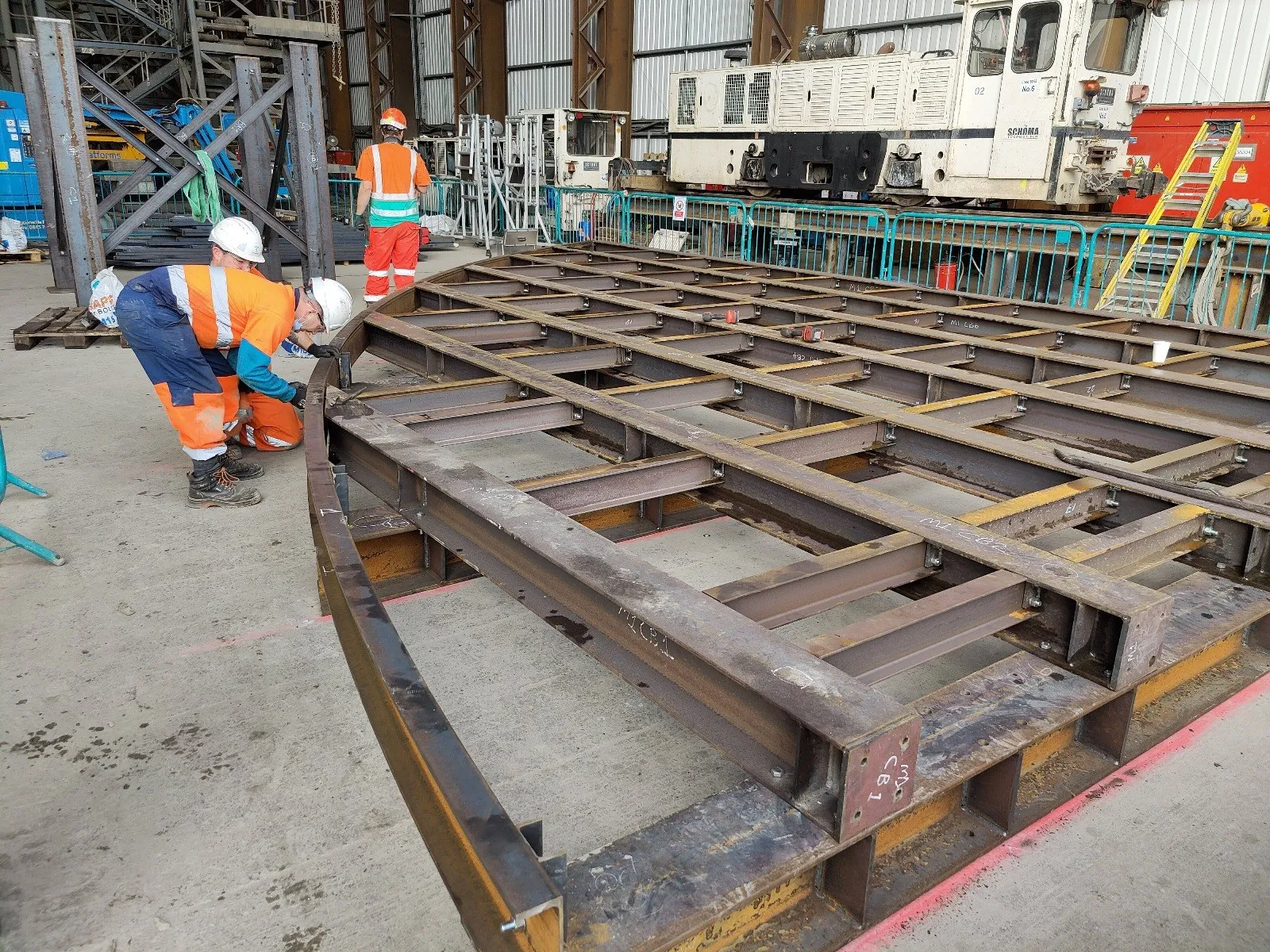 MSR welders fabricating a heavy steel frame in the Bootle works